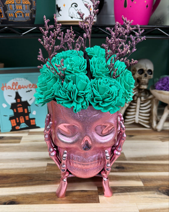 Halloween Brain Storming! - Light Pink Skull - Teal Green Flowers